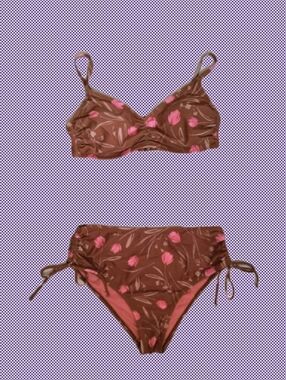 Brown Floral Two-Piece Bikini with Pink Flower Print